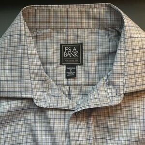 Jos A Bank traveler, dress shirt, XL blue with green stripes